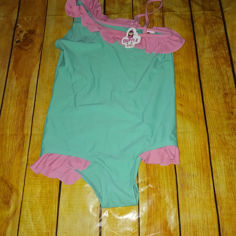 Ruffle Girl Kids Swim One Piece - Green and Pink
